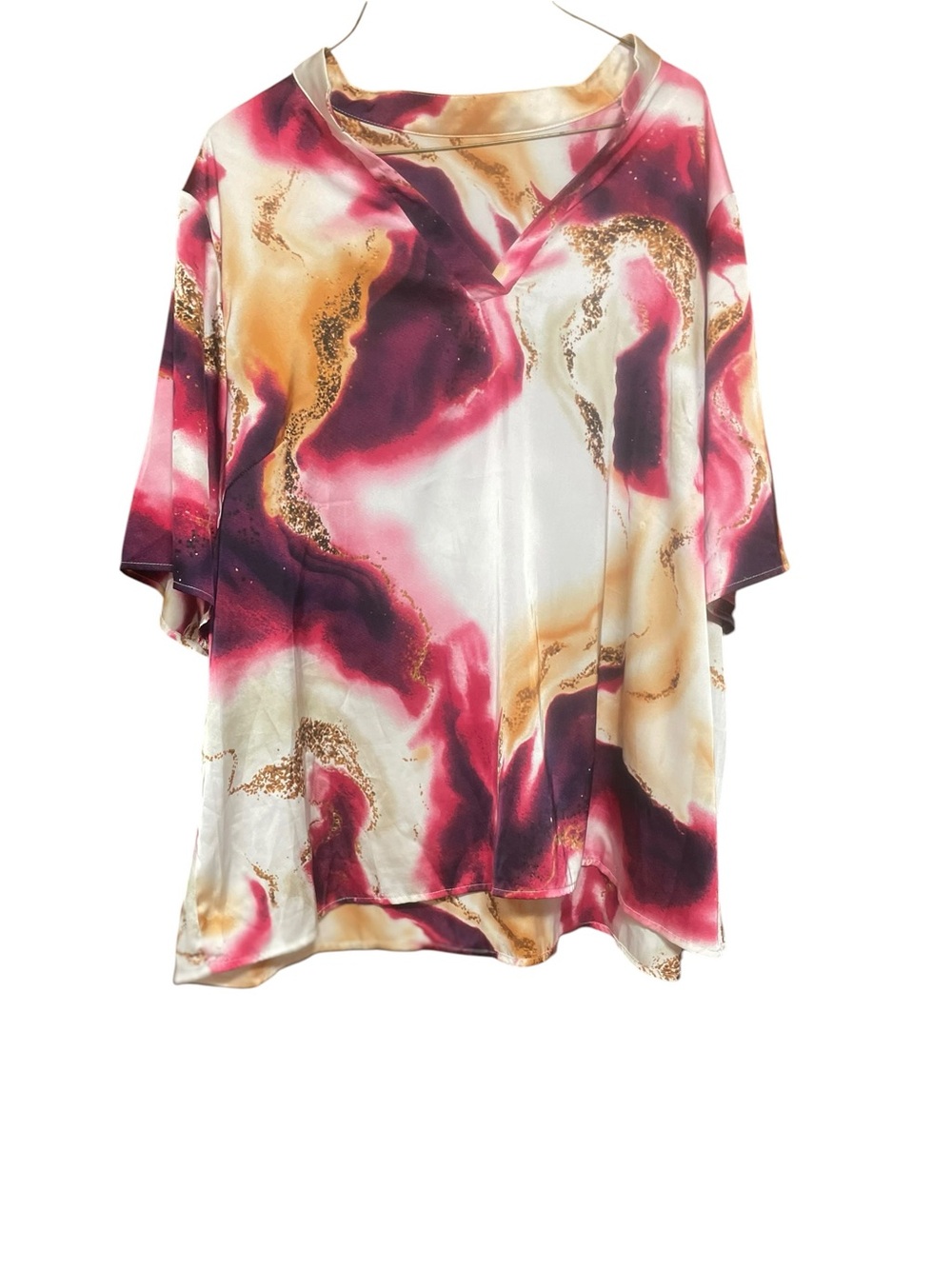 SHEIN Artsy Indie Marble-Print V-Neck Tunic in Pink, Gold and White